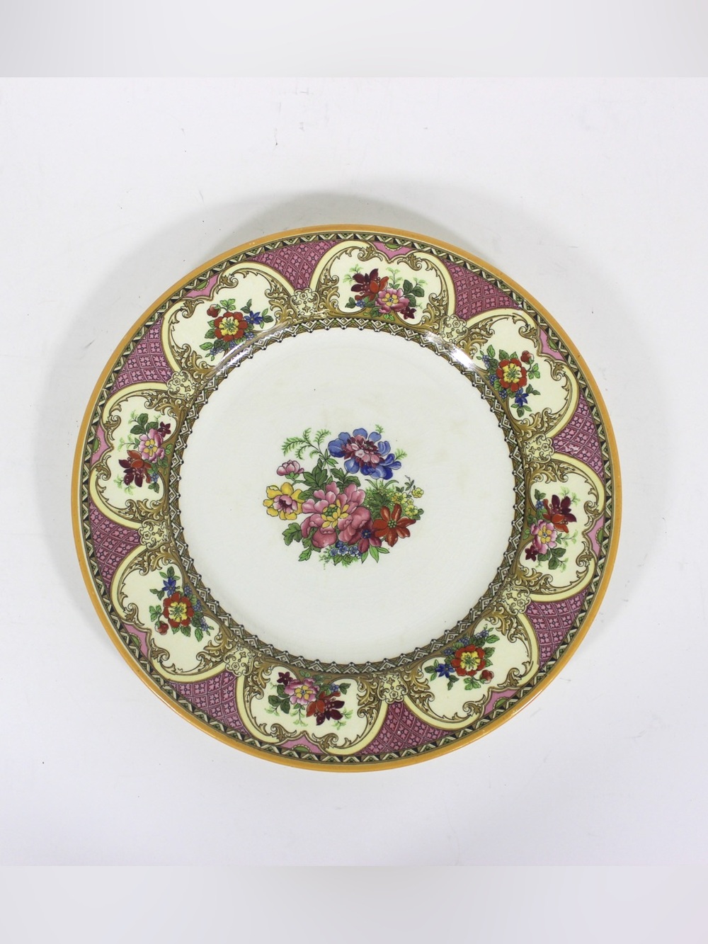 1930’s Johnson Bros Pareek Jefferson Rose Pink and Yellow Floral Dinner Plate